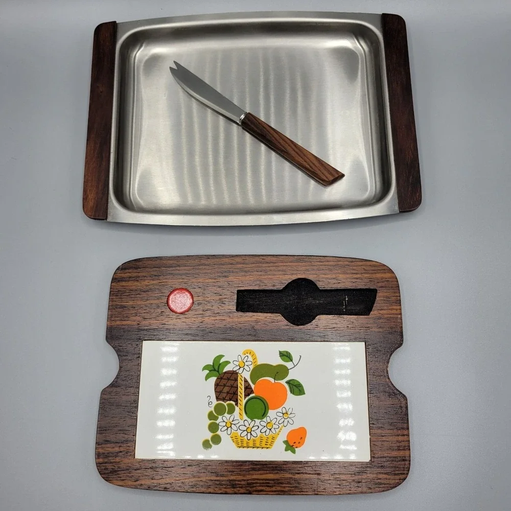 MCM Vintage Wood & Tile Removeable Cheeseboard w/ Tray & Knife in Box Japan